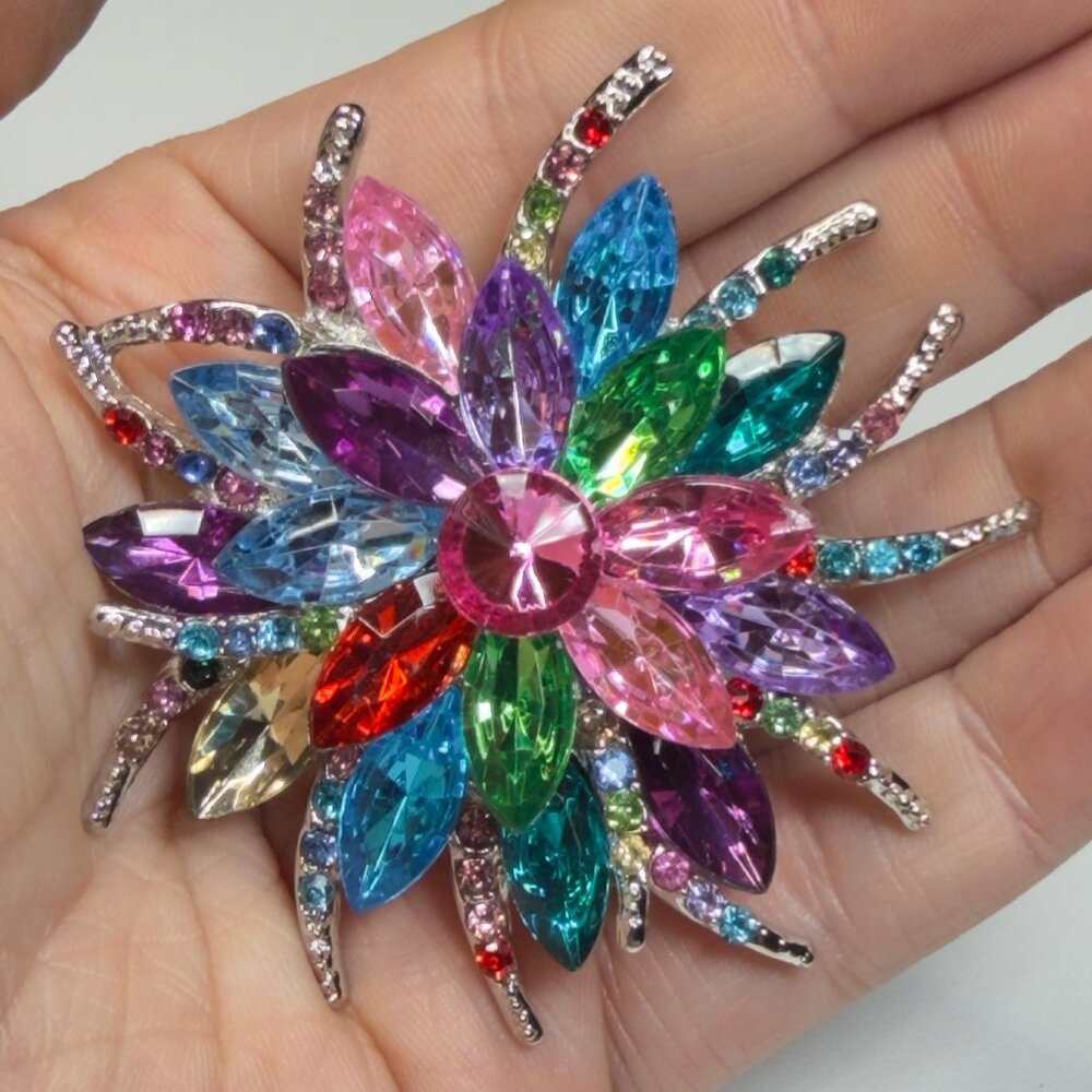 Flower Brooch Multicolor Rhinestone Statement Pin Large Crystal Floral 2.75”